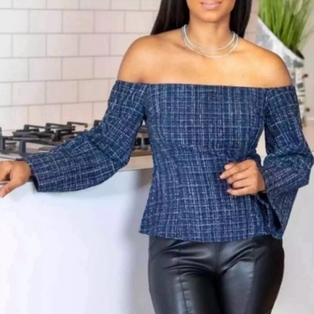 NWT ZARA Tweed Textured Off Shoulder Top Flare Sleeve 8741/257/030 Size XS - Picture 3 of 16